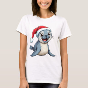 Süße Cartoon-Robbe mit festlichem Weihnachtsmann-H T-Shirt