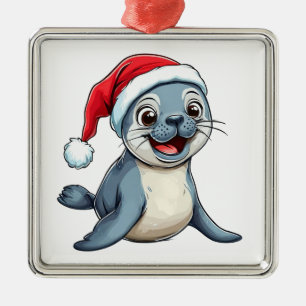 Süße Cartoon-Robbe mit festlicher Weihnachtsmannmü Ornament Aus Metall