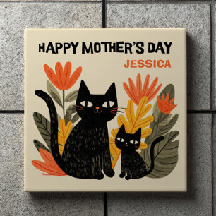 Süße Cartoon-Schwarze Katzen Floral Frohes Muttert Fliese