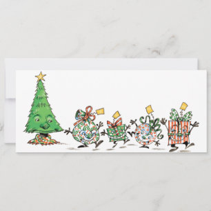 Süße Cartoon tanzende Weihnachtsgeschenke und Baum Feiertagskarte