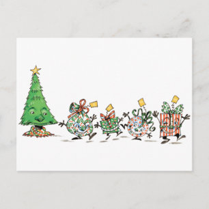 Süße Cartoon tanzende Weihnachtsgeschenke und Baum Feiertagspostkarte
