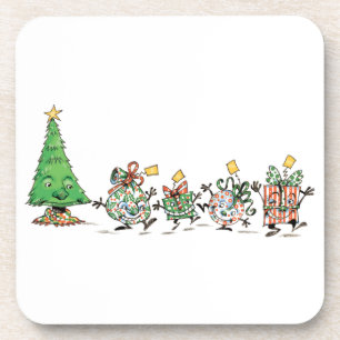 Süße Cartoon tanzende Weihnachtsgeschenke und Baum Getränkeuntersetzer