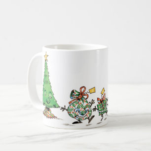 Süße Cartoon tanzende Weihnachtsgeschenke und Baum Kaffeetasse