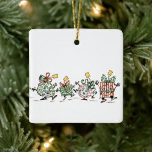 Süße Cartoon tanzende Weihnachtsgeschenke und Baum Keramikornament