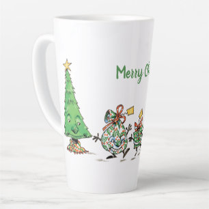 Süße Cartoon tanzende Weihnachtsgeschenke und Baum Milchtasse