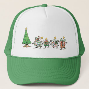 Süße Cartoon tanzende Weihnachtsgeschenke und Baum Truckerkappe