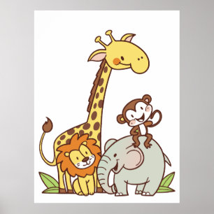 Süße Cartoon-Tiere – Giraffe, Löwe & Affe Poster