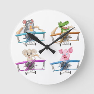 Süße Cartoon-Tierpiloten steuern Flugzeug Kinderzi Runde Wanduhr