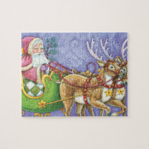 Süße Cartoon-Weihnachts-Santa-Claus-Schlitten-Rent Puzzle