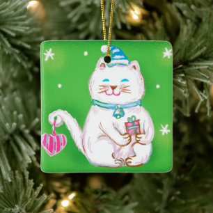 Süße Cartoon-Weihnachtskatze mit einem Weihnachtsm Keramikornament