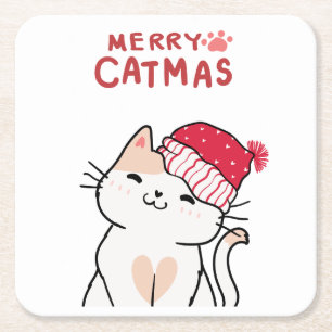 Süße Catmas-Weihnachtsmannmütze Rot Pinkes Kätzche Rechteckiger Pappuntersetzer