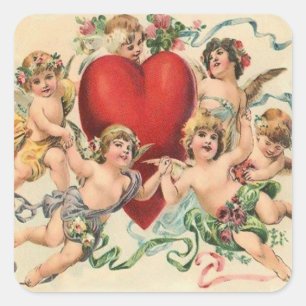 Süße Cherubinen mit einem roten Herz Valentinstag Quadratischer Aufkleber