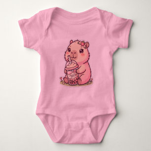 Süße Chibi-Capybara trinken Erdbeer-Boba-Milch  Baby Strampler