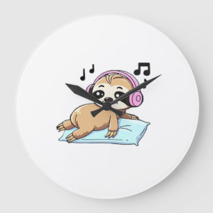 Süße Chibi-Faultier hört Musik � Entspannend Große Wanduhr