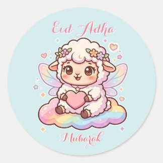 Süße Chibi-Fee-Schaf-Regenbogen-Eid-Adha-Mubarak Runder Aufkleber