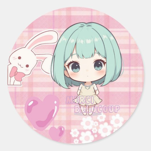 Süße Chibi Grün Haar Runder Aufkleber (Vorderseite)