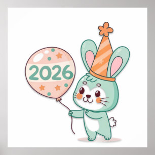 Süße Chibi-Hasen-Maskottchen mit 2026 Ballons Poster