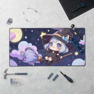 Süße Chibi-Hexe fliegt durch den nächtlichen Himme Schreibtischunterlage