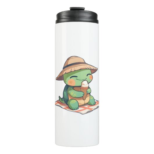 Süße Chibi-Schildkröte mit Strohhut beim Eiscreme- Thermosbecher (Vorderseite)