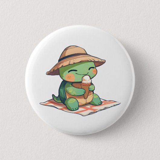 Süße Chibi-Schildkröte mit Strohhut beim Eisessen  Button (Vorderseite)