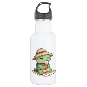 Süße Chibi-Schildkröte mit Strohhut beim Eisessen Edelstahlflasche