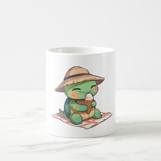 Süße Chibi-Schildkröte mit Strohhut beim Eisessen Kaffeetasse (Mittel)
