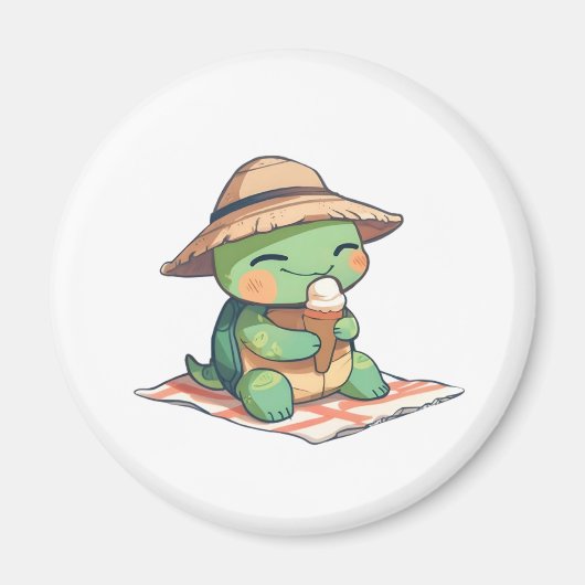 Süße Chibi-Schildkröte mit Strohhut beim Eisessen Magnet (Vorne)
