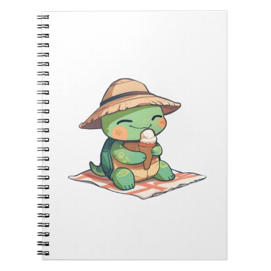 Süße Chibi-Schildkröte mit Strohhut beim Eisessen Notizblock (Vorderseite)