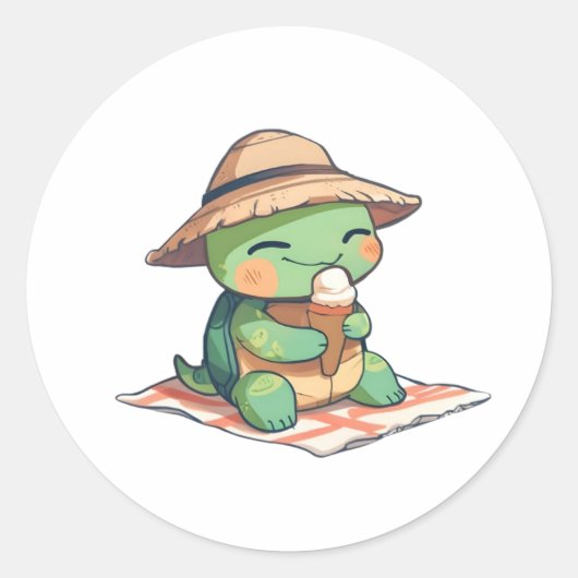 Süße Chibi-Schildkröte mit Strohhut beim Eisessen Runder Aufkleber (Vorderseite)