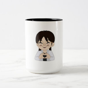 Süße Chibi-Selbstporträt-Tasse mit Herz-Händen  Zweifarbige Tasse
