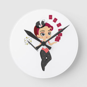 Süße Chibi-Zauberin bei einem Kartenkunststück  Runde Wanduhr