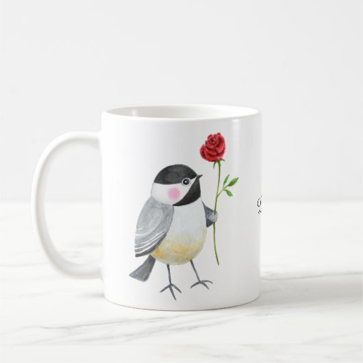 Süße Chickadee mit einer einzelnen roten Rose Benu Kaffeetasse (Links)