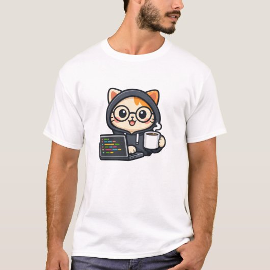 Süße Coder-Katze mit Kaffee- und Laptop-T-Shirt T-Shirt (Vorderseite)