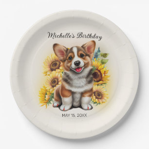 Süße Corgi-Hund-Sonnenblumen-Geburtstag Pappteller