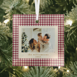 Süße Cranberry-Rot Gingham Benutzerdefinierte Foto Ornament Aus Glas