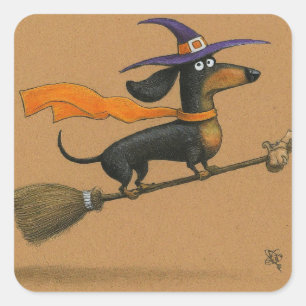 Süße Dachshund-Hexe Quadratischer Aufkleber