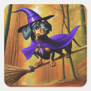 Süße Dachshund-Hexe Quadratischer Aufkleber