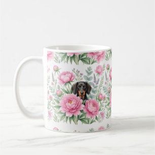 Süße Dachshund-Rosa-Pfingstrosen-Blumen-Kaffeetass Kaffeetasse