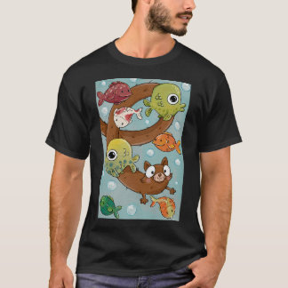 Süße dehnbare Katze schwimmt mit Fischen T-Shirt