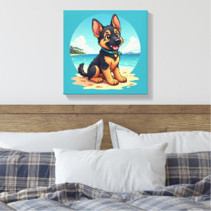 Süße Deutsche Schäferhund-Welpen-Strand-Illustrati Leinwanddruck