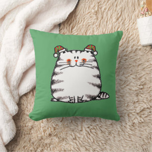 Süße dicke Katze mit zwei Weihnachtsmützen Kissen