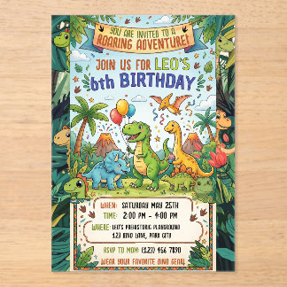 Süße Dino 6. Geburtstags-Jungle-Abenteuerparty Acryleinladungen