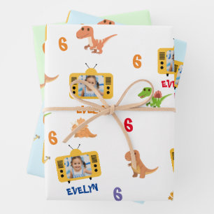 Süße Dinosaurier mit individuellem Foto, Namen und Geschenkpapier Set