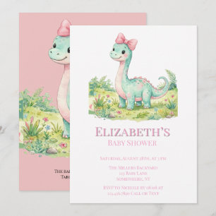 Süße Dinosaurier Mit Rosa Schleife Baby Shower Einladung