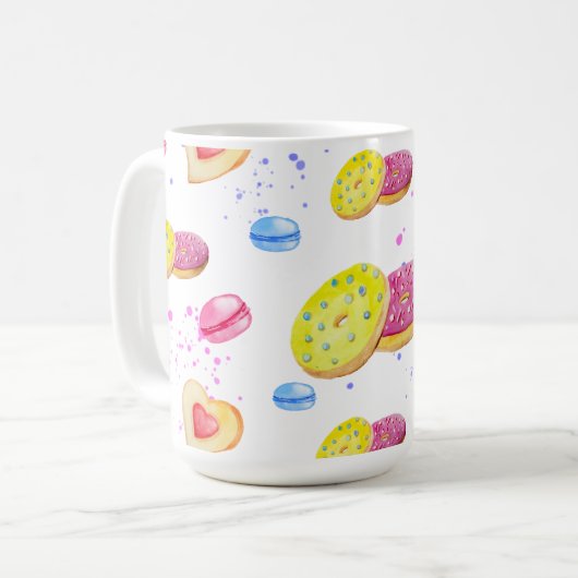 Süße Donuts mit farbenfrohen Glasmustern Kaffeetasse (Vorderseite Links)