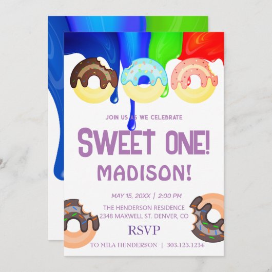 Süße Donuts, Regenbogenfarben, süßer erster Geburt Einladung (Vorne/Hinten)