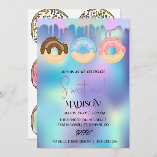 Süße Donuts, Regenbogenfarben, süßer erster Geburt Einladung (Vorne/Hinten)