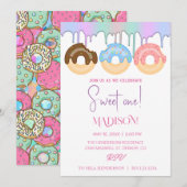 Süße Donuts, Regenbogenfarben, süßer erster Geburt Einladung (Vorne/Hinten)