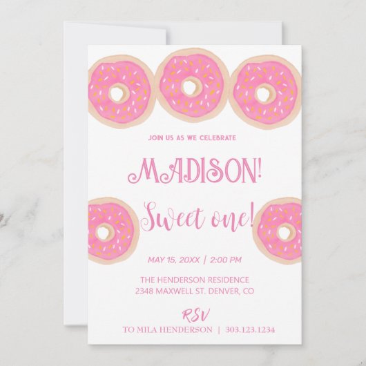 Süße Donuts, Regenbogenfarben, süßer erster Geburt Einladung (Vorderseite)