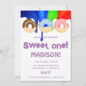 Süße Donuts, Regenbogenfarben, süßer erster Geburt Einladung (Vorderseite)